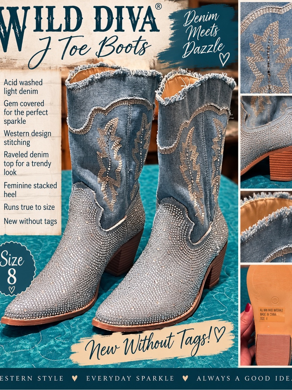 Wild Diva Light Blue Denim Jewel-Embellished Western 12in Ankle Boots